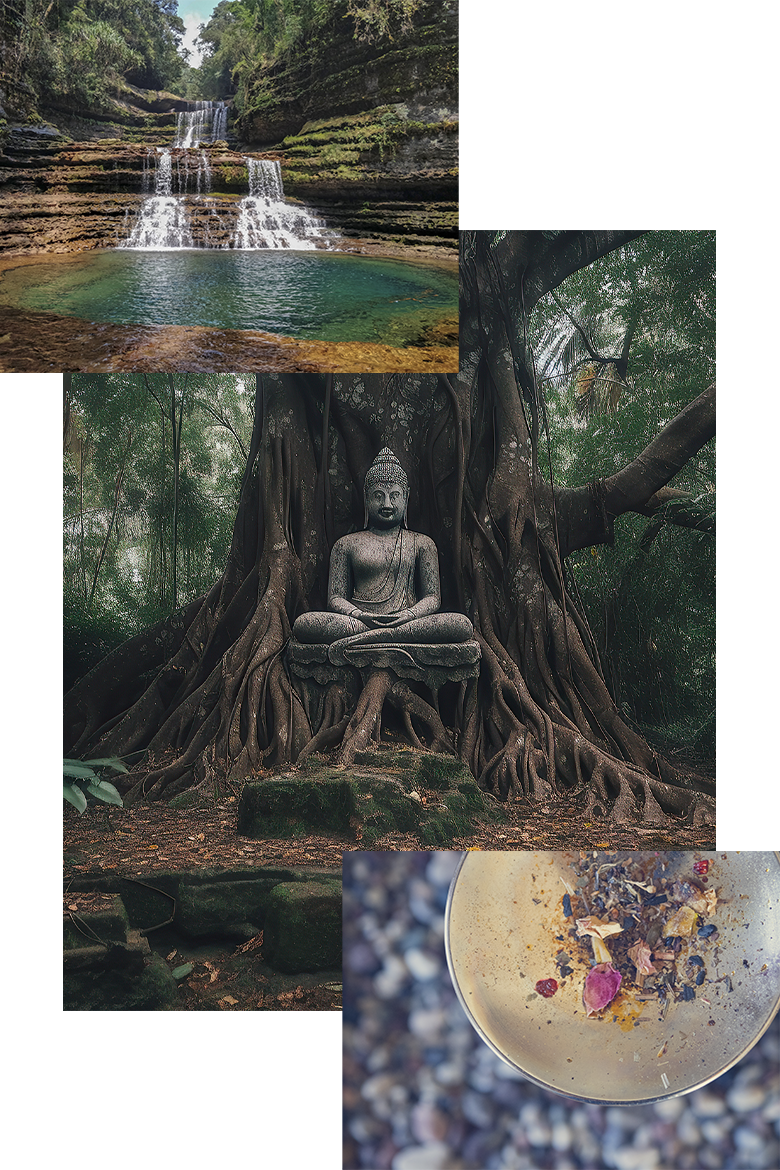 Tríptico de imágenes relacionadas con la India. Incluyendo una cascada, un Buda y un cuenco de inciensos.